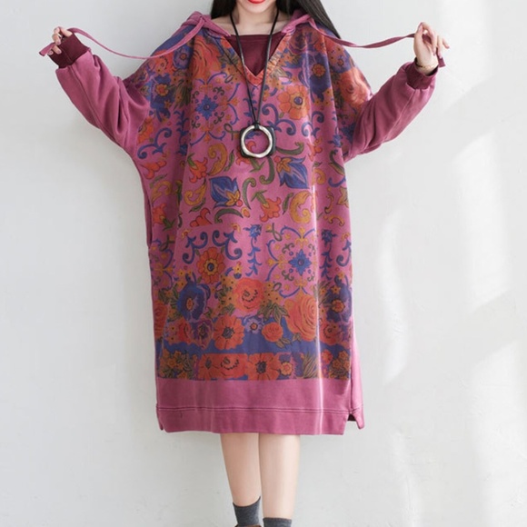 Dresses & Skirts - Womens Autumn Loose Fitting Printed Floral Patchwork Hooded Cotton Dress